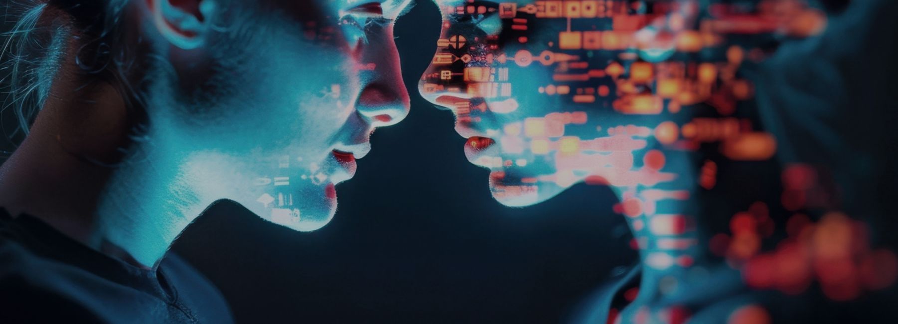 woman staring into eyes of AI-enabled image of her, Intelligent Operations | DXC Technology